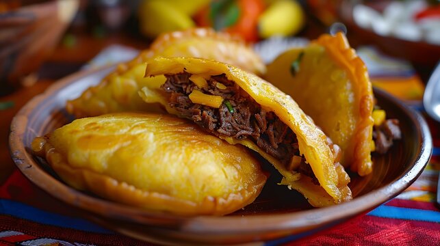 A close up of golden empanadas filled with meat on a decorative plate and a basket in the background