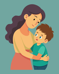 A mother hugs her child with one arm while the other sneaks into the childs pocket subtly manipulating them into giving her soing.. Vector illustration
