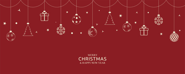 Merry Christmas and happy new year banner. Minimalist dark red background with hanging Christmas ball, snowflakes, gift, tree, stars and wavy line, for greeting card, banner. Vector illustration.
