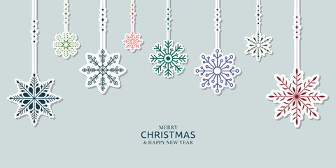 Merry Christmas and happy new year background with colorful snowflakes stickers. Minimal shiny holiday banner concept, beautiful hanging snowflake, for card, banner poster. Vector illustration.