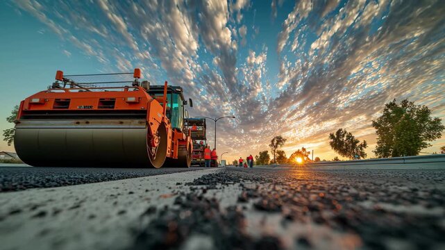 Construction crew works diligently paving road at vibrant sunset, heavy machinery operates, 4k high quality
