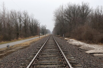 Railway Tracks and Parallel Road Leading to Horizon with Bare Trees and Melting Snow &mdash; Winter Scene