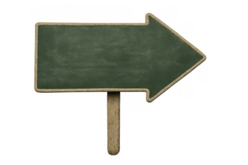 Green chalkboard arrow sign with wooden stick and rope border pointing right, transparent background