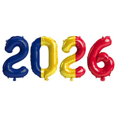 Chad flag colors 2026 3d illustration, balloon numbers 3d rendering on transparent background