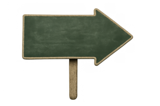 Green chalkboard arrow sign with wooden stick and rope border pointing right, transparent background - Powered by Adobe