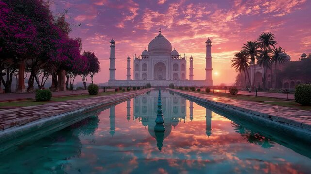 Stunning Taj Mahal sunrise with vibrant sky and reflective pool, evoking wonder and travel., 4k high quality