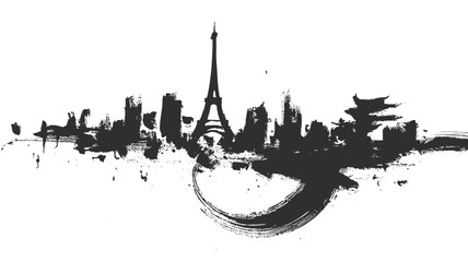 Fototapeta premium Paris skyline silhouette in expressive black ink brush stroke art featuring Eiffel Tower landmark