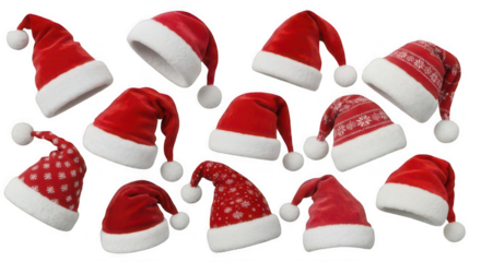A collection of red santa hats with white trim and pompoms, some with festive patterns, isolated on transparent background