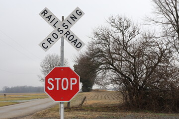 Autumn Rural Road with Railroad Crossing and Stop Sign under Grey Sky