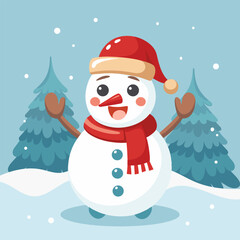 Cute snowman in a winter wonderland. Illustration for Christmas cards.