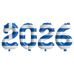 Obraz premium Greece flag colors 2026 3d illustration, balloon numbers 3d rendering on transparent background