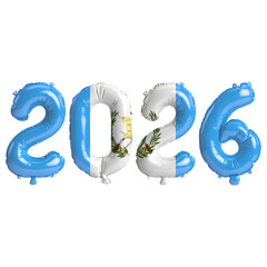 Guatemala flag colors 2026 3d illustration, balloon numbers 3d rendering on transparent background