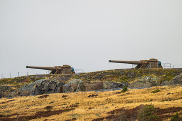 Twin coastal defense cannons on rocky hill under overcast sky.
