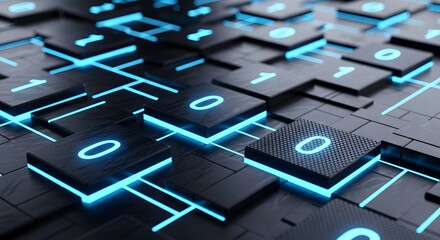 Glowing Blue Ones and Zeros Illuminate Dark, Reflective Tiles in a Futuristic, Interconnected Network of Data Streams and Digital Information.