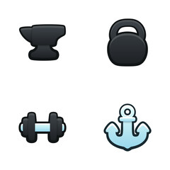 Weights icon set. Isolated vector illustration of mobile game sprites. Design for stickers, logo, mobile app. Arcade or match 3 2d graphics game asset. Flat 3d gym item sprites sheet.