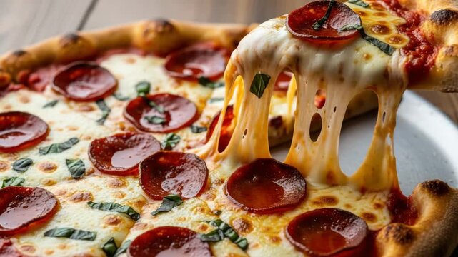 A delicious pepperoni pizza with melted cheese being pulled from a slice