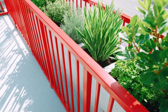 Urban rooftop garden featuring vibrant greenery and striking red railing, showcasing a top-down perspective of a modern outdoor space with lush plants and textures