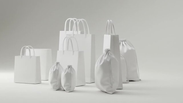 Minimalist white shopping bags and drawstring pouches arranged on a seamless white background