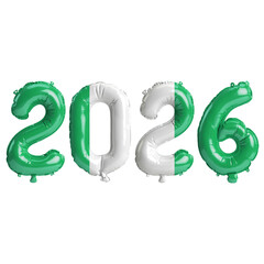 Nigeria flag colors 2026 3d illustration, balloon numbers 3d rendering on transparent background