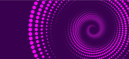 An illustration with bright concentric circles of purple dots on a dark background. The composition creates a sense of movement and depth, as if the viewer is looking into a funnel or tunnel of light.