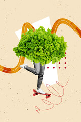 Vertical art composite image collage of anonym girl instead body lettuce iceberg detox nutrition...