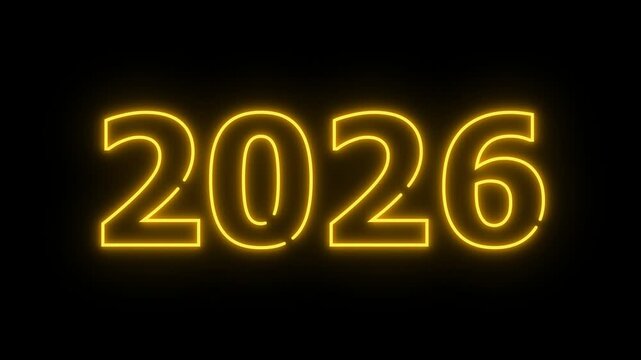 2025 to 2026 year transition animation with glowing yellow neon numbers and digital glitch effect. 2025 to 2026 animation with flickers. 4K video for educational, presentations, yearly update intros.