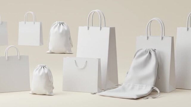 Assortment of pristine white paper shopping bags and fabric drawstring pouches