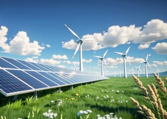 Solar panels and wind turbines in the field