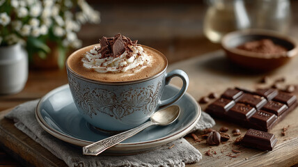 Delicate cocoa coffee with whipped cream and dark chocolate toppings in elegant blue cup