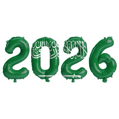 Saudi Arabia flag colors 2026 3d illustration, balloon numbers 3d rendering on transparent...