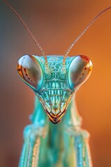 Close-up of colorful praying mantis face with detailed eyes, macro view of insect