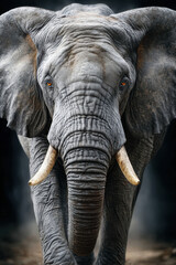 Majestic african elephant with ivory tusks in natural habitat captured close up with detailed skin texture and intense eyes