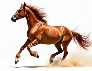 Obraz premium Dynamic photo of a majestic horse in full stride. Brown equine animal moves gracefully. Running horse on white background. Agility and power are visually present in this image.