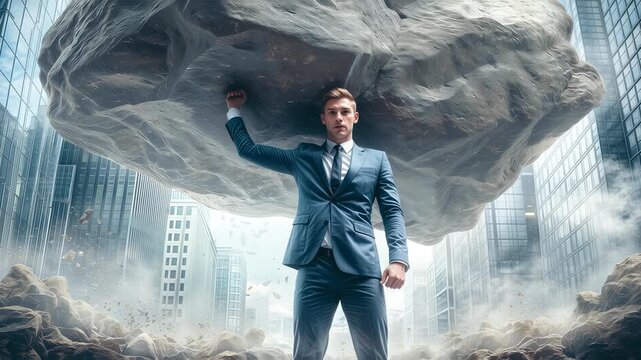  Businessman Lifting Gigantic Rock in City 
