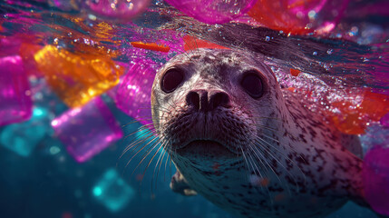Sea lion amidst ocean plastic pollution highlighting environmental conservation