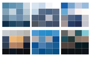Vector art of a collection of color palettes featuring various shades of blue, grey, and brown, presented in a grid format for easy comparison and selection of harmonious color schemes
