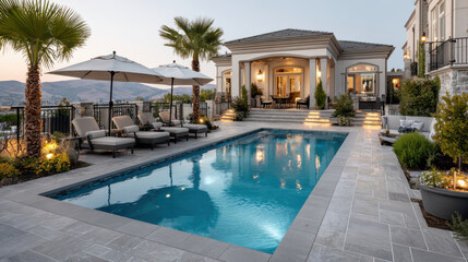 Luxurious contemporary backyard with pool, lounge chairs, umbrellas, and elegant house in scenic countryside setting