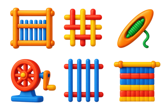 Bold Loom Icons. 3D icon set of loom components: wooden loom frame, interlaced threads, shuttle tool, tension wheel, heddle rods,