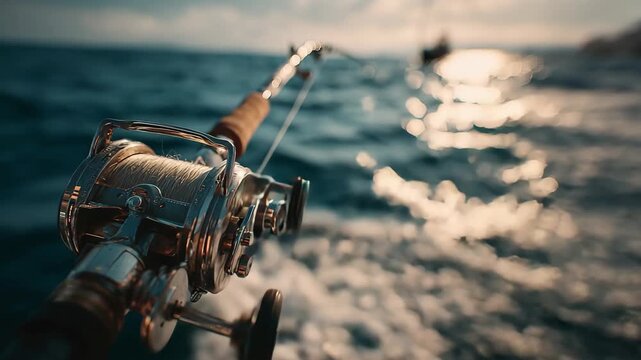 Reel action shot of fishing rod on choppy ocean waves, sun glinting on water, 4k high quality