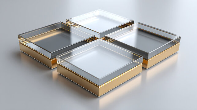 Four floating transparent glass dashboard tiles with thin brass separators on white background - Powered by Adobe