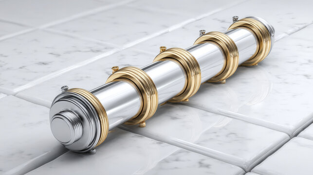 Brass load balancer splitting into three frosted channels on white marble slab