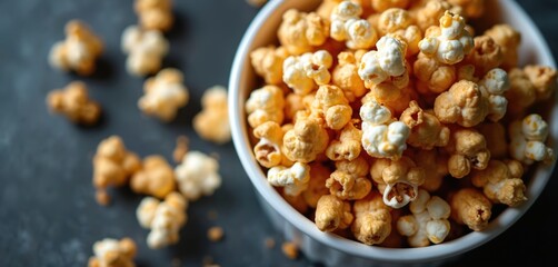 Sweet caramel popcorn fills white serving bowl. Crunchy golden pieces scatter on dark tabletop surface. Tasty snack perfect for movie night, party, family time at home. Enjoy delicious sugary treat