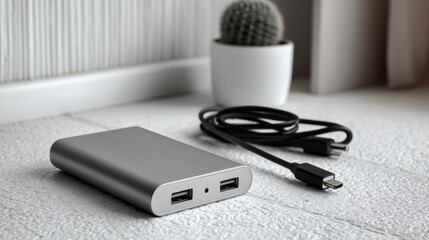 Fototapeta premium Minimalistic power bank and cable on white acrylic surface with soft lighting
