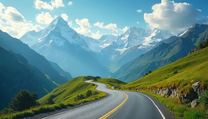 Naklejka premium Scenic mountain road winds through green hills under blue sky. White snow capped peaks rise in background. Serene landscape represents travel adventure journey outdoors vacation