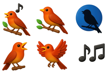 Vivid Nightingale Icons. 3D icon set of nightingale scenes: singing nightingale, perched on branch, moonlit silhouette, open beak