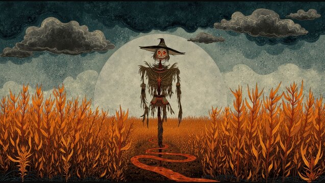Spooky autumn harvest scene with scarecrow under moonlit sky - halloween decoration concept for posters and prints