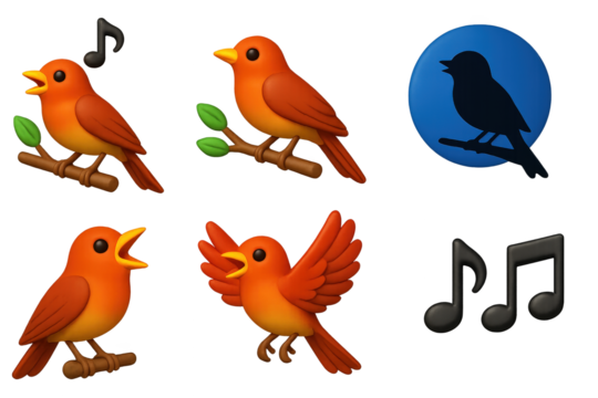 Vivid Nightingale Icons. 3D icon set of nightingale scenes: singing nightingale, perched on branch, moonlit silhouette, open beak