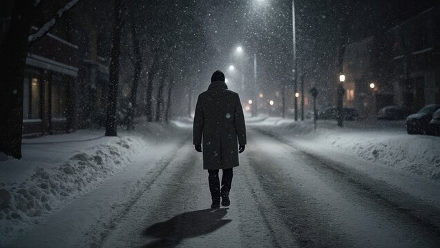 Solitary winter walk at night: atmospheric urban street scene - Powered by Adobe
