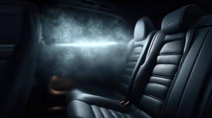 Handheld steamer cleaning car seat with dramatic rim lighting and visible steam