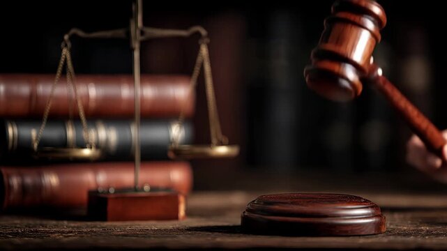 Justice scales and gavel on desk with law books, representing legal proceedings and judgment, 4k high quality